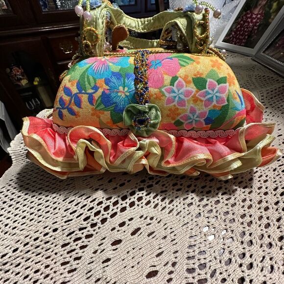 Mary Frances Floral Beaded Ruffled Small Handbag Pink Yellow - Picture 2 of 12